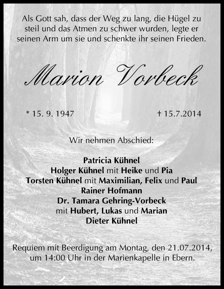  Traueranzeige für Marion Vorbeck vom 18.07.2014 aus MGO