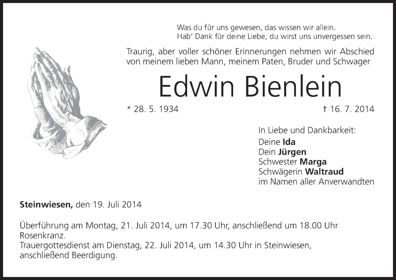  Traueranzeige für Edwin Bienlein vom 19.07.2014 aus MGO