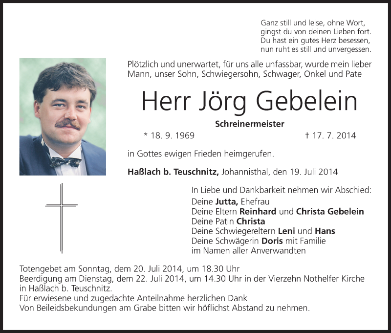  Traueranzeige für Jörg Gebelein vom 19.07.2014 aus MGO