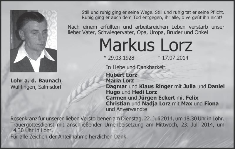  Traueranzeige für Markus Lorz vom 19.07.2014 aus MGO
