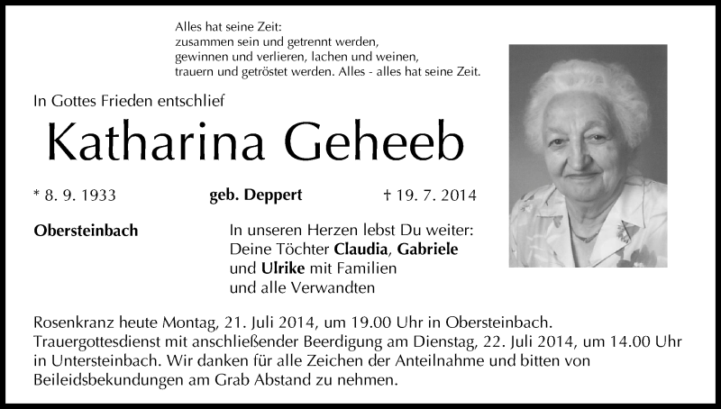  Traueranzeige für Katharina Geheeb vom 21.07.2014 aus MGO