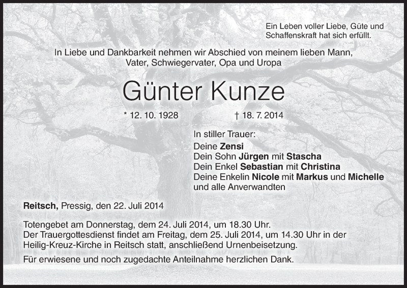  Traueranzeige für Günter Kunze vom 22.07.2014 aus MGO