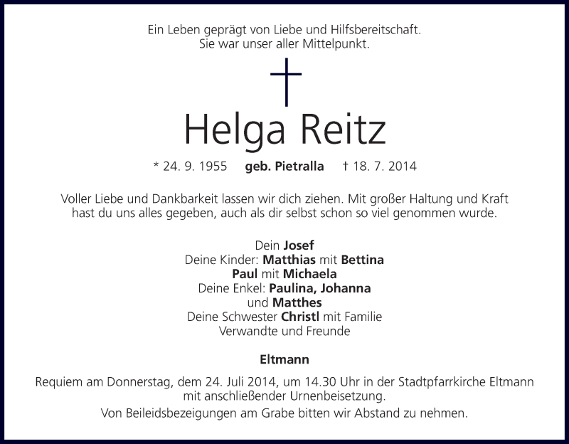 Traueranzeige für Helga Reitz vom 23.07.2014 aus MGO