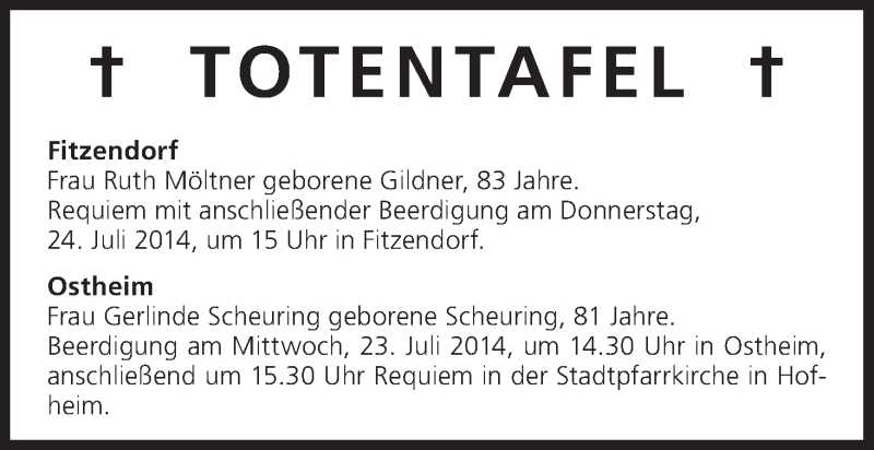  Traueranzeige für Totentafel 23.07.2014 vom 23.07.2014 aus MGO