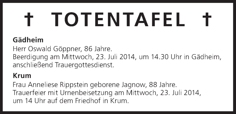  Traueranzeige für Totentafel vom 22.07.2014 vom 22.07.2014 aus MGO
