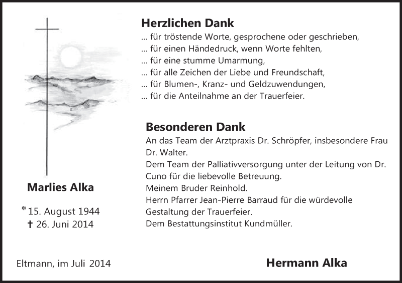  Traueranzeige für Marlies Alka vom 23.07.2014 aus MGO