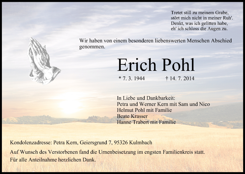  Traueranzeige für Erich Pohl vom 25.07.2014 aus MGO