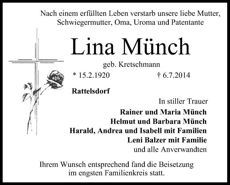  Traueranzeige für Lina Münch vom 22.07.2014 aus MGO