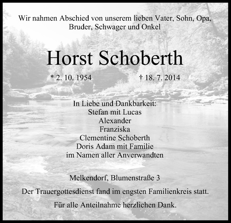  Traueranzeige für Horst Schoberth vom 22.07.2014 aus MGO