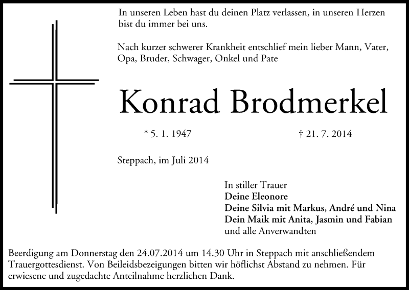  Traueranzeige für Konrad Brodmerkel vom 22.07.2014 aus MGO