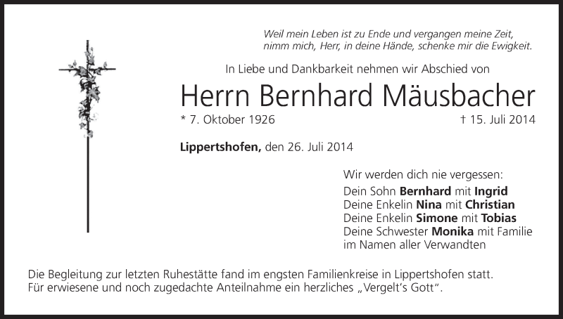  Traueranzeige für Bernhard Mäusbacher vom 26.07.2014 aus MGO