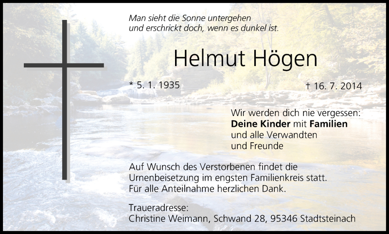  Traueranzeige für Helmut Högen vom 23.07.2014 aus MGO