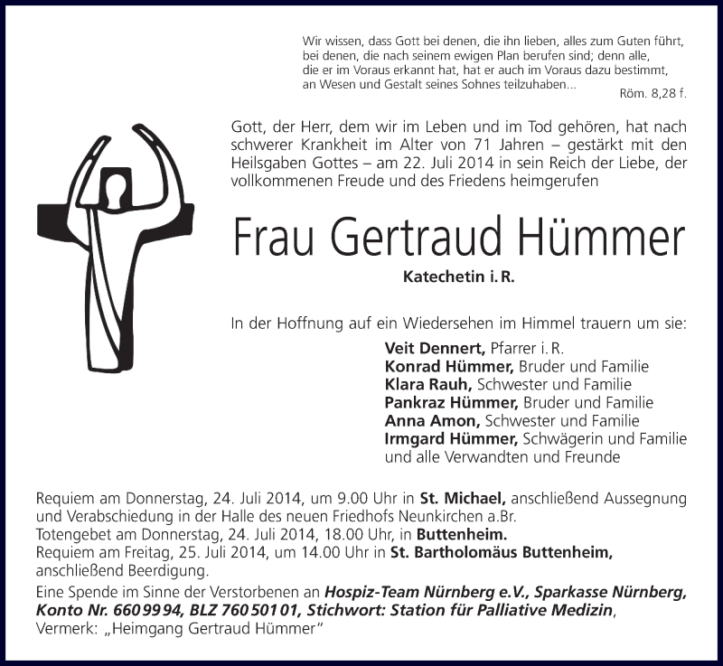  Traueranzeige für Gertraud Hümmer vom 23.07.2014 aus MGO