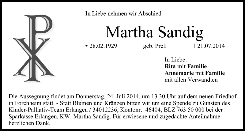  Traueranzeige für Martha Sandig vom 23.07.2014 aus MGO