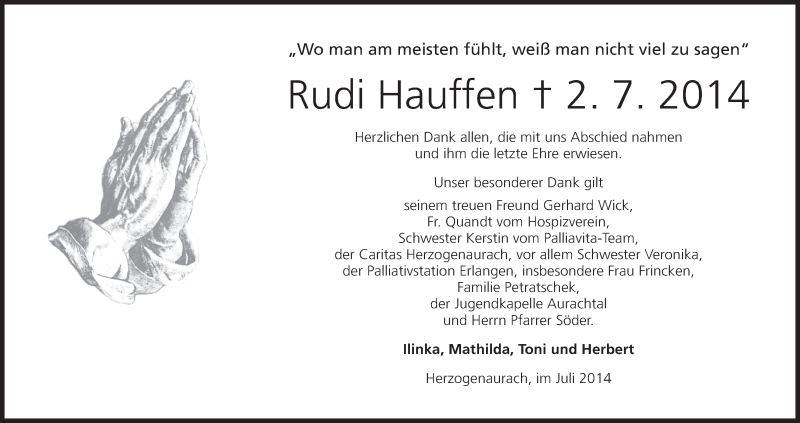  Traueranzeige für Rudi Hauffen vom 26.07.2014 aus MGO