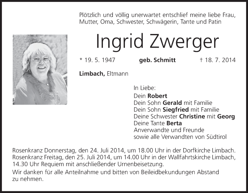  Traueranzeige für Ingrid Zwerger vom 23.07.2014 aus MGO