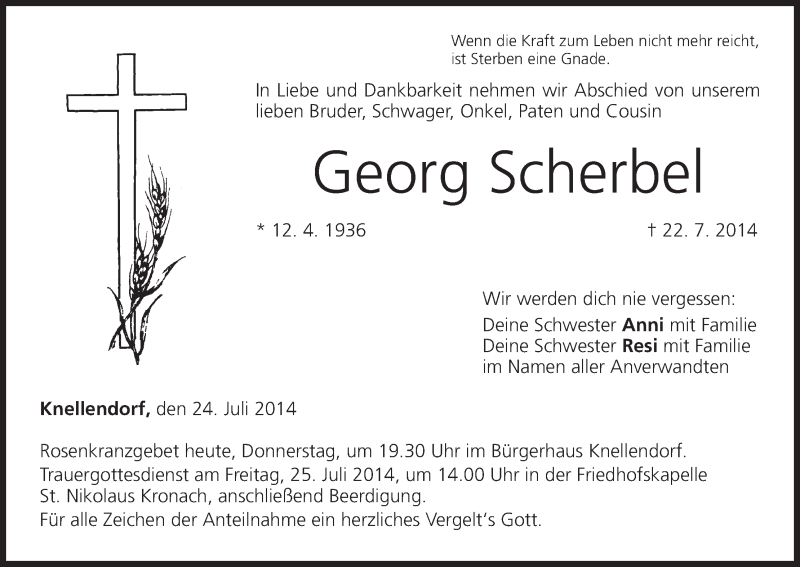  Traueranzeige für Georg Scherbel vom 24.07.2014 aus MGO