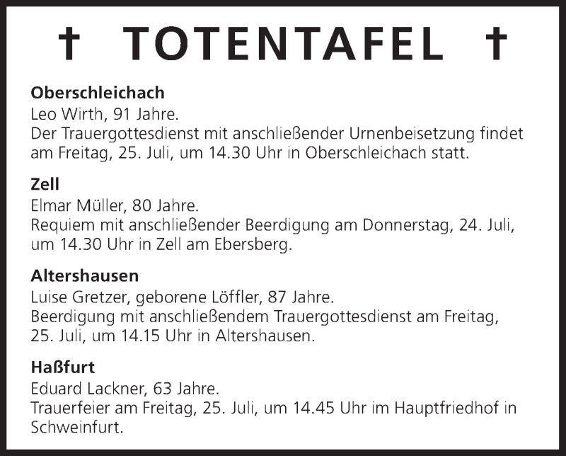  Traueranzeige für Totentafel vom 24.07.2014 vom 24.07.2014 aus MGO