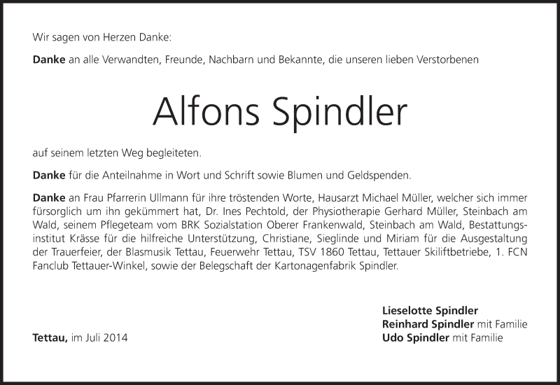  Traueranzeige für Alfons Spindler vom 26.07.2014 aus MGO