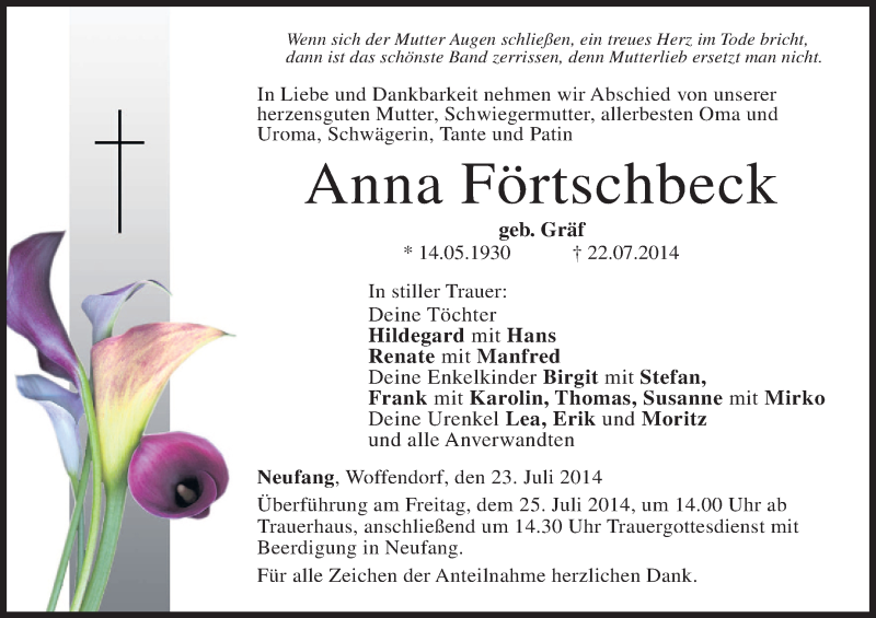  Traueranzeige für Anna Förtschbeck vom 23.07.2014 aus MGO