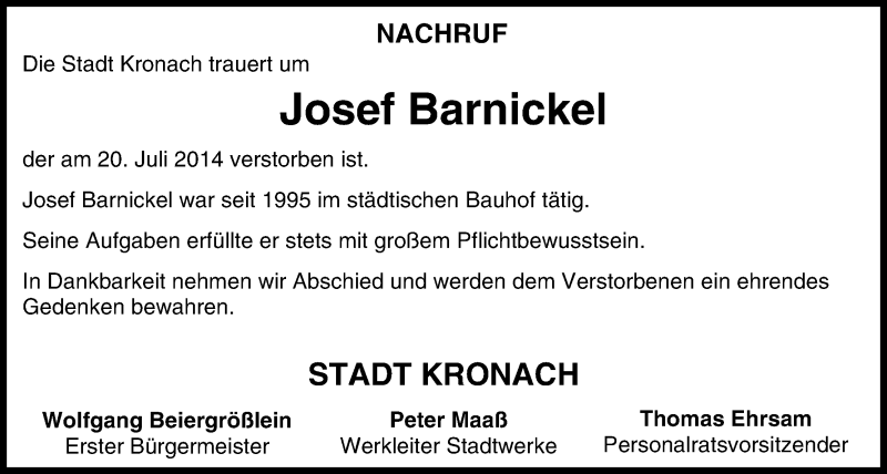  Traueranzeige für Josef Barnickel vom 24.07.2014 aus MGO