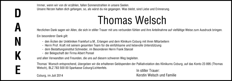  Traueranzeige für Thomas Welsch vom 25.07.2014 aus MGO