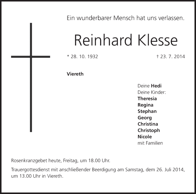  Traueranzeige für Reinhard Klesse vom 25.07.2014 aus MGO