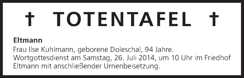  Traueranzeige für Totentafel vom 25.07.2014 vom 25.07.2014 aus MGO