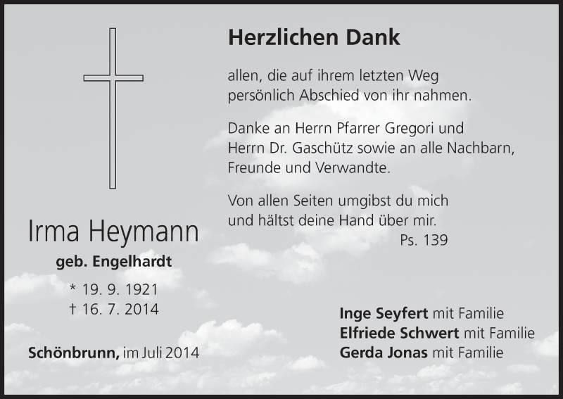 Traueranzeige für Irma Heymann vom 26.07.2014 aus MGO