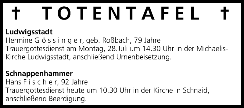  Traueranzeige für Totentafel vom 26.07.2014 vom 26.07.2014 aus MGO