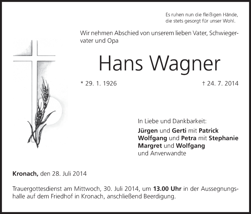  Traueranzeige für Hans Wagner vom 28.07.2014 aus MGO