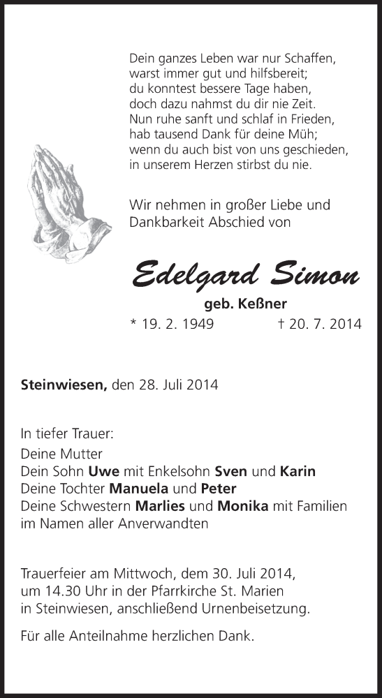  Traueranzeige für Edelgard Simon vom 28.07.2014 aus MGO