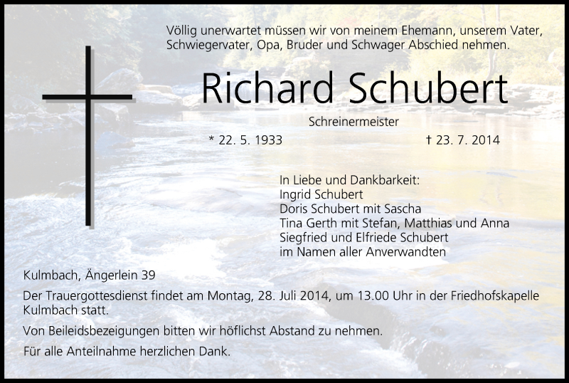  Traueranzeige für Richard Schubert vom 25.07.2014 aus MGO
