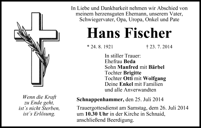  Traueranzeige für Hans Fischer vom 25.07.2014 aus MGO