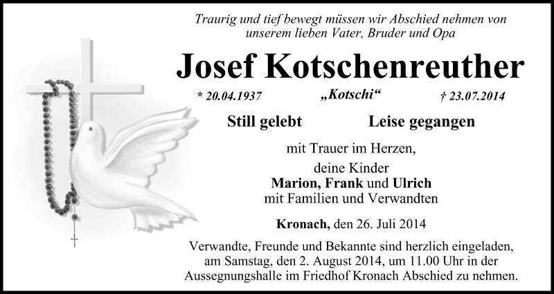  Traueranzeige für Josef Kotschenreuther vom 26.07.2014 aus MGO