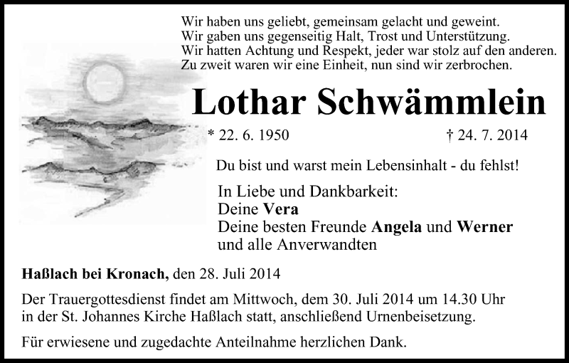  Traueranzeige für Lothar Schwämmlein vom 28.07.2014 aus MGO