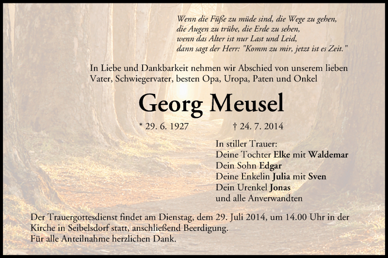  Traueranzeige für Georg Meusel vom 28.07.2014 aus MGO