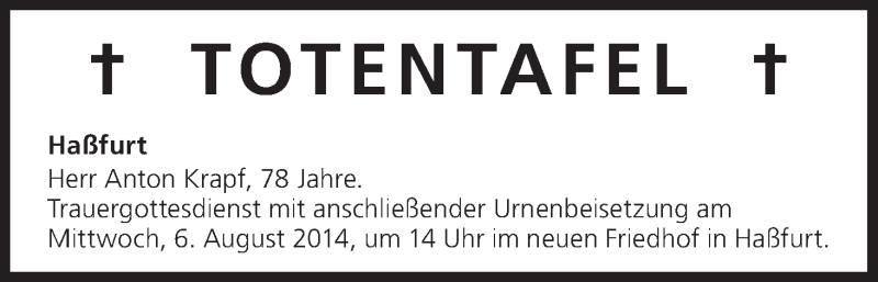  Traueranzeige für Totentafel vom 29.07.2014 vom 29.07.2014 aus MGO