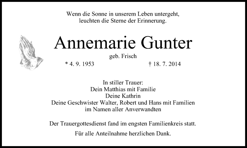  Traueranzeige für Annemarie Gunter vom 31.07.2014 aus MGO