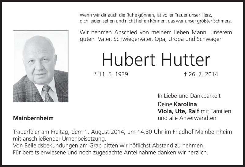  Traueranzeige für Hubert Hutter vom 29.07.2014 aus MGO
