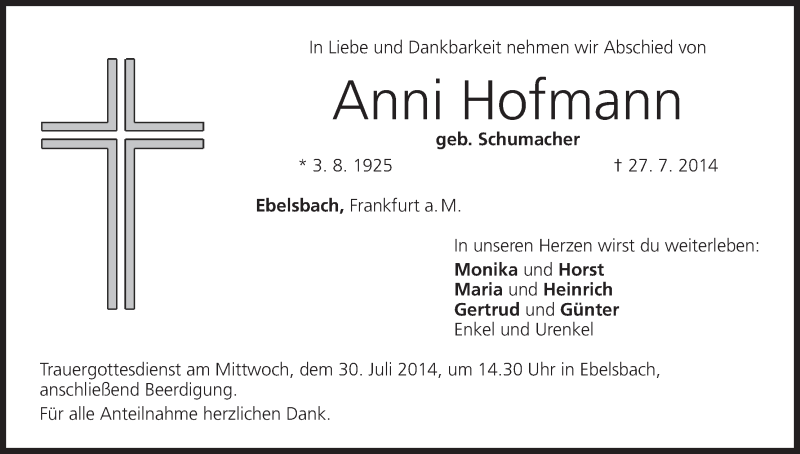  Traueranzeige für Anni Hofmann vom 29.07.2014 aus MGO