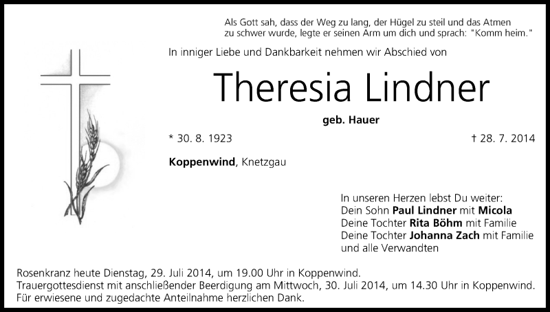  Traueranzeige für Theresia Lindner vom 29.07.2014 aus MGO