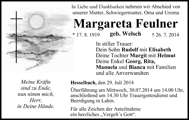  Traueranzeige für Margareta Feulner vom 29.07.2014 aus MGO