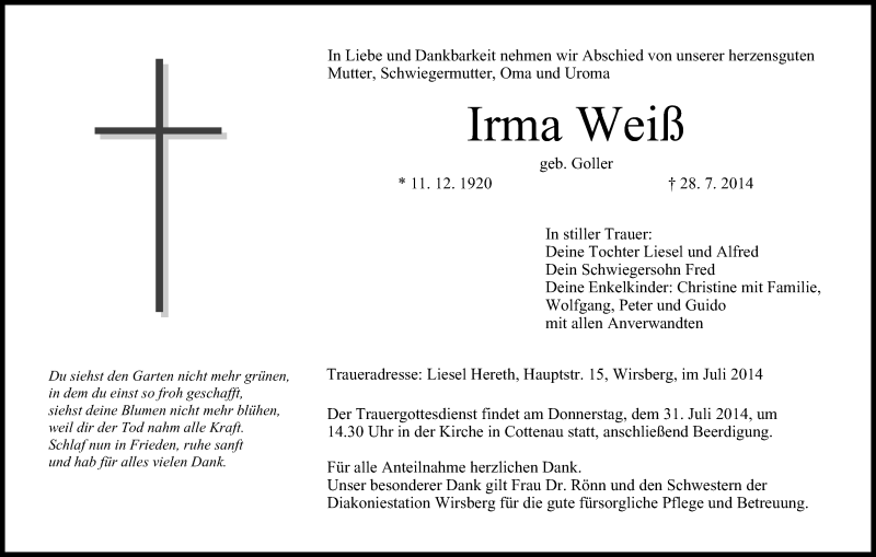  Traueranzeige für Irma Weiß vom 30.07.2014 aus MGO