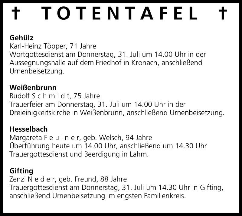  Traueranzeige für Totentafel vom 30.07.2014 vom 30.07.2014 aus MGO