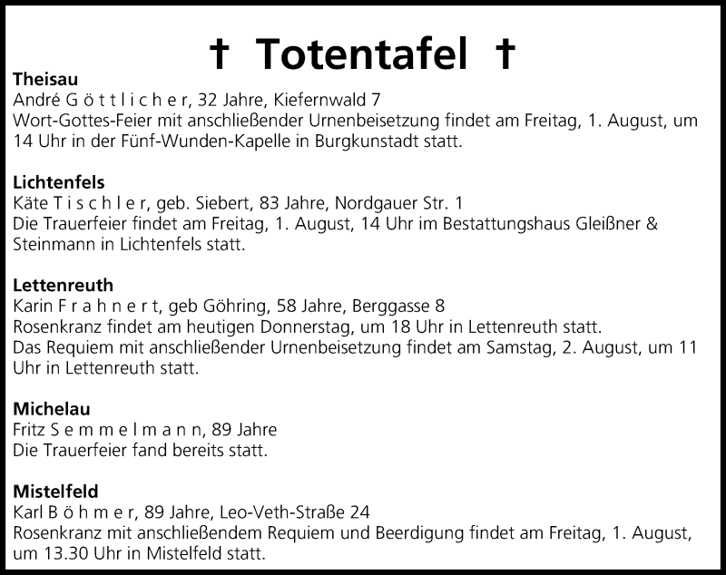  Traueranzeige für Totentafel vom 31.07.2014 vom 31.07.2014 aus MGO