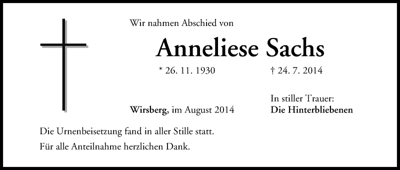  Traueranzeige für Anneliese Sachs vom 02.08.2014 aus MGO