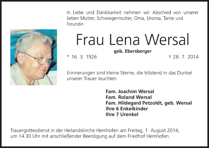  Traueranzeige für Lena Wersal vom 31.07.2014 aus MGO