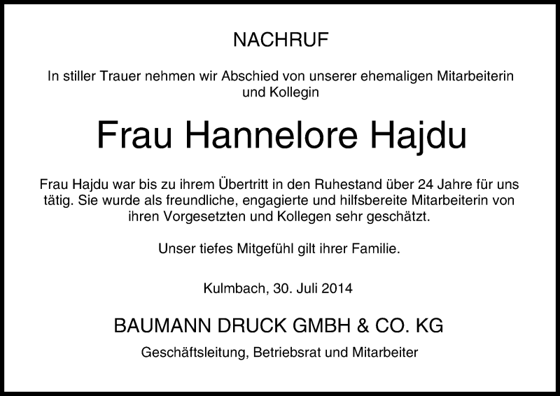  Traueranzeige für Hannelore Hajdu vom 30.07.2014 aus MGO
