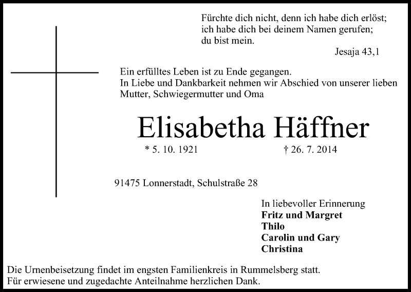  Traueranzeige für Elisabetha Häffner vom 30.07.2014 aus MGO